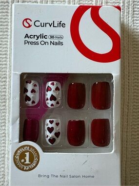 New Curvlife Red & White Press-On Nails - Heart Accent Set